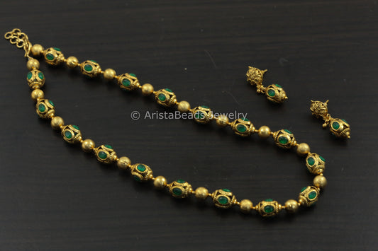 Antique Gold Green Beaded Necklace Set