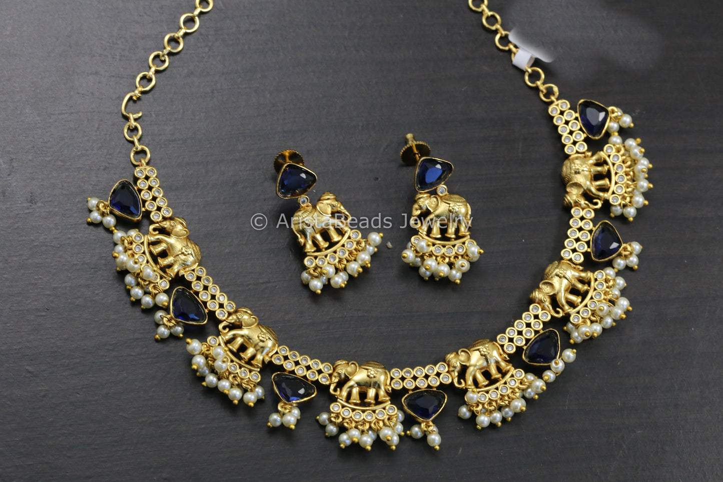 Gold CZ & Elephant Necklace Set - Blue