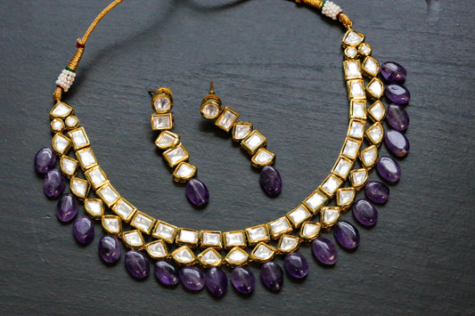 Bikaneri Kundan Necklace Set With Real Amethyst Drops