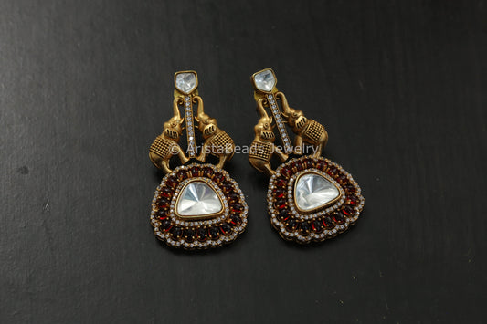 Uncut Polki Antique Earrings - Red