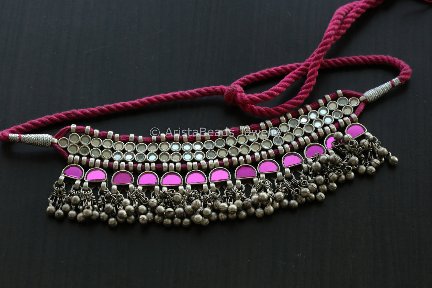 Darpan Oxidized Real Glass Necklace- Pink Clear