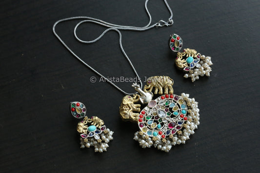 Dual Tone Navratan Necklace Set