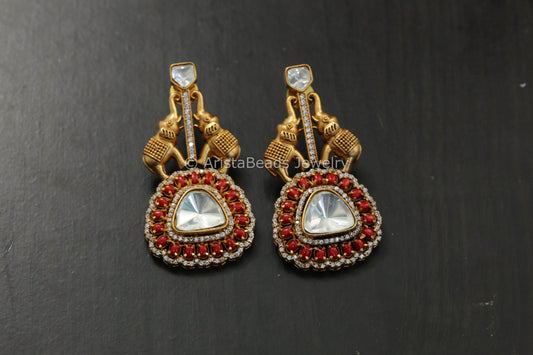 Uncut Polki Antique Earrings - Coral
