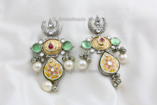 Silver Polish Enamel Kundan Earrings - Cream
