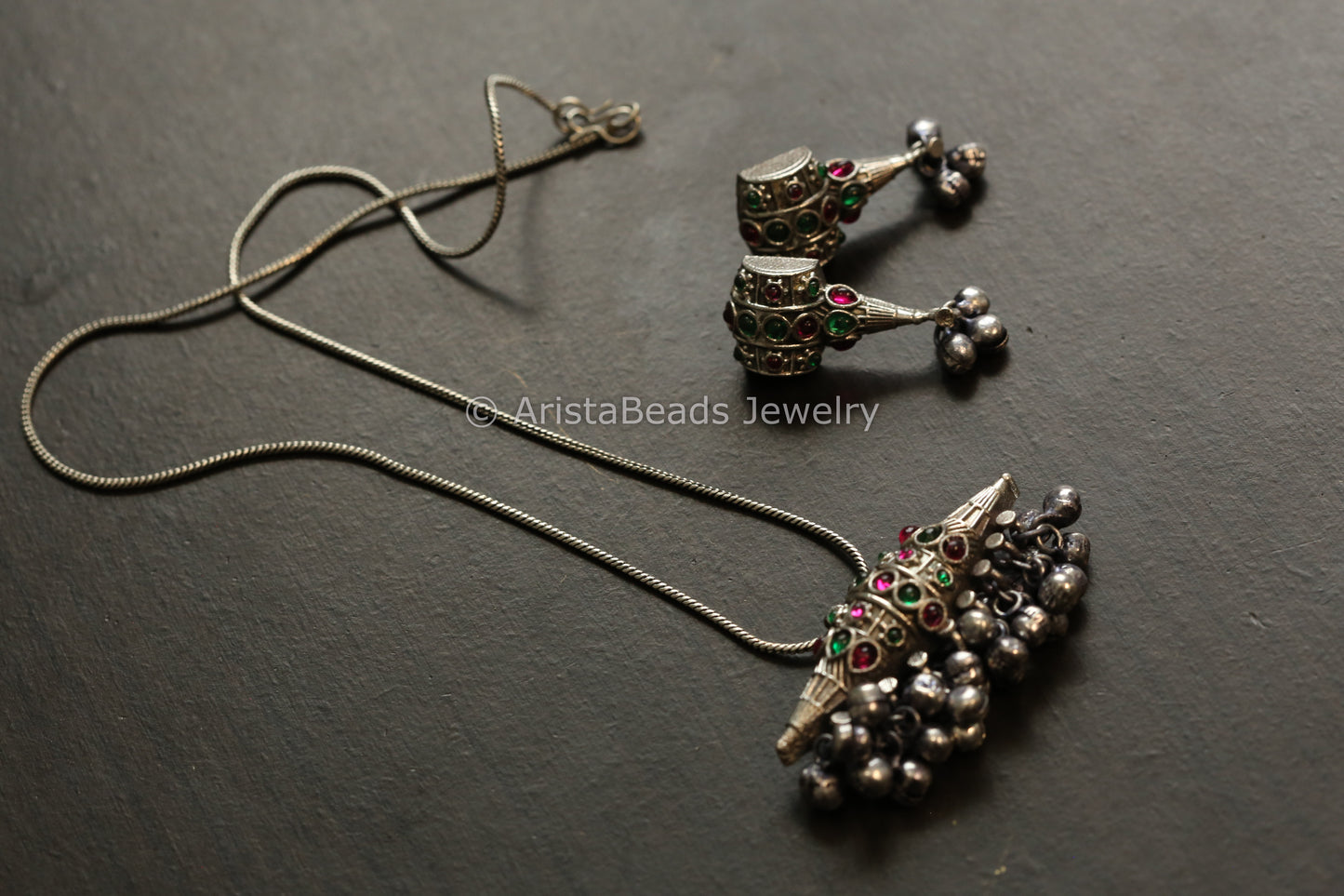 Oxidized Tabeez Necklace Set - Green Ruby