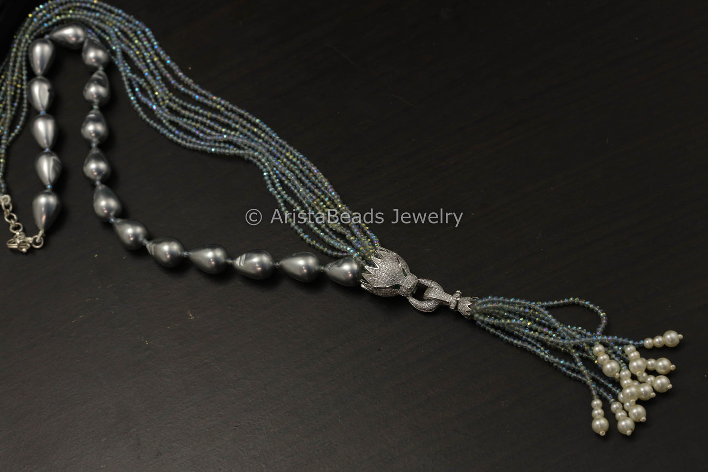 Micro Pave Tassel Pendant In Pearls & Crystal Beads- Gray