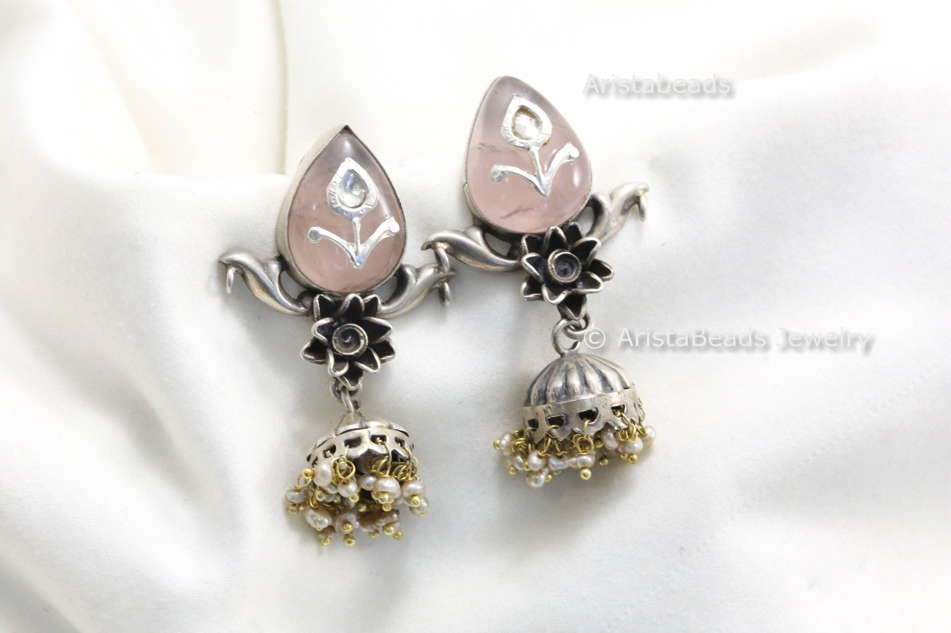 Rose Quartz 925 Sterling Silver Jadau Jhumka