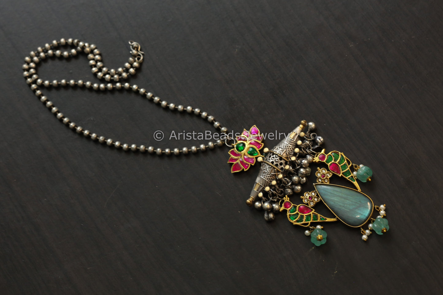 Silver Replica Dual Tone Labradorite & Jadau Necklace