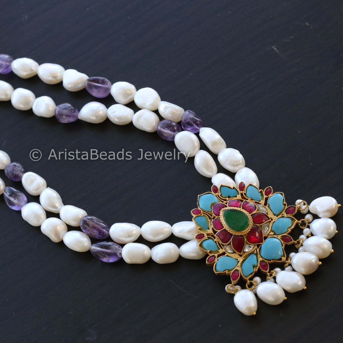 Jadau Pendant In Amethyst & Real Pearls Mala