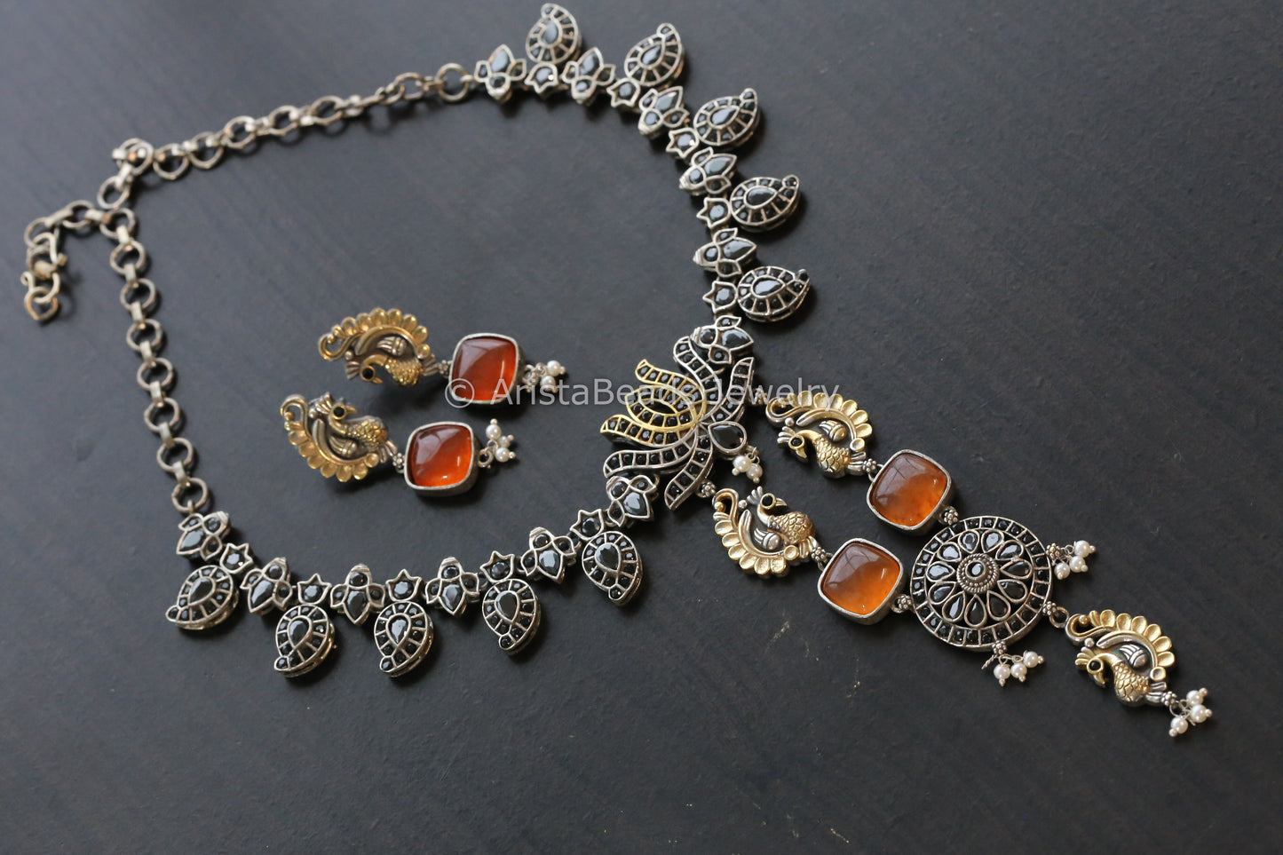 Jadau Look Oxidized Necklace Set - Orange Black