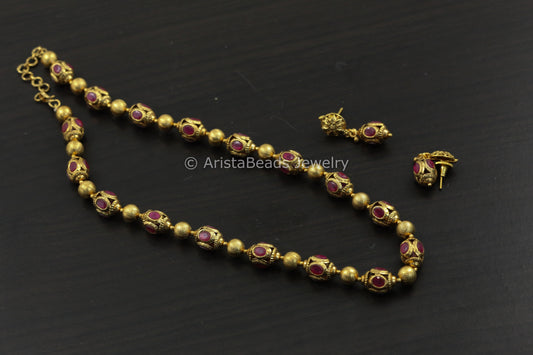 Antique Gold Ruby Beaded Necklace Set