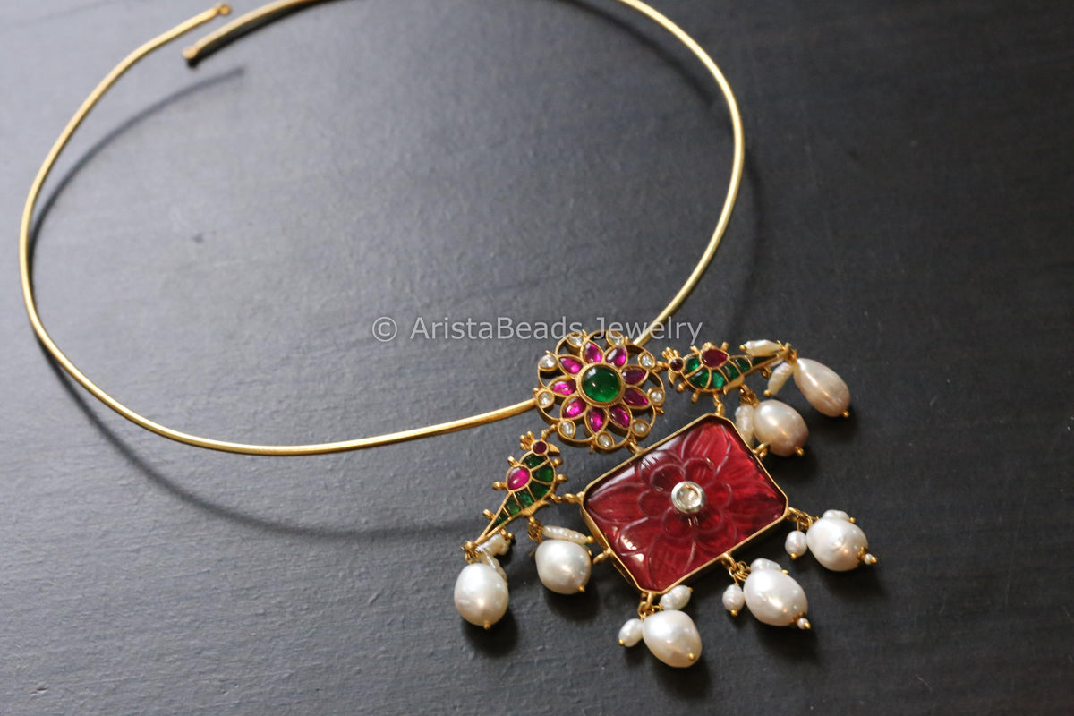 Ruby Carved Cab Stone & Jadau Hasli Necklace (Adjustable)
