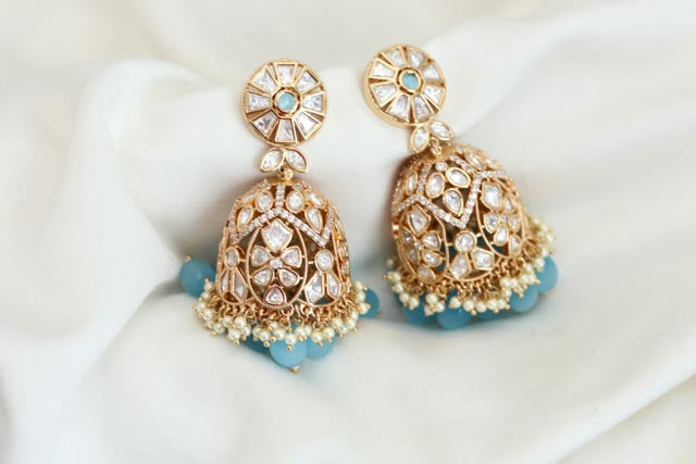 Clear Moissanite Look Polki Jhumka - Blue