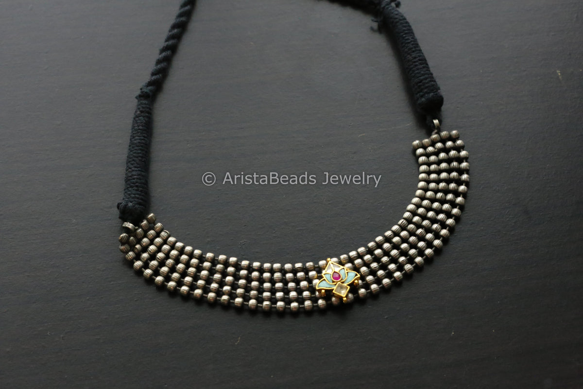 Oxidized Necklace Mint Kundan Motif