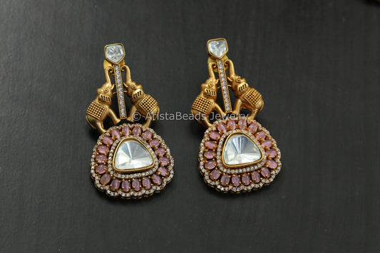 Uncut Polki Antique Earrings - Pink