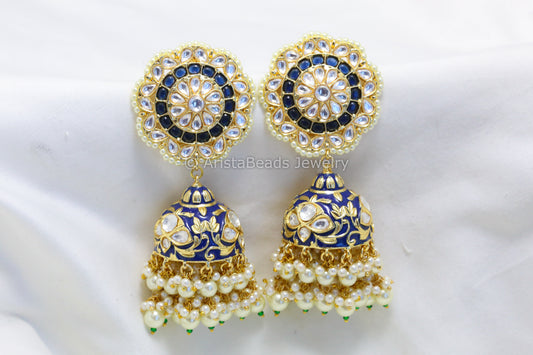 Extra Large Uncut Kundan Enamel Jhumka - Blue