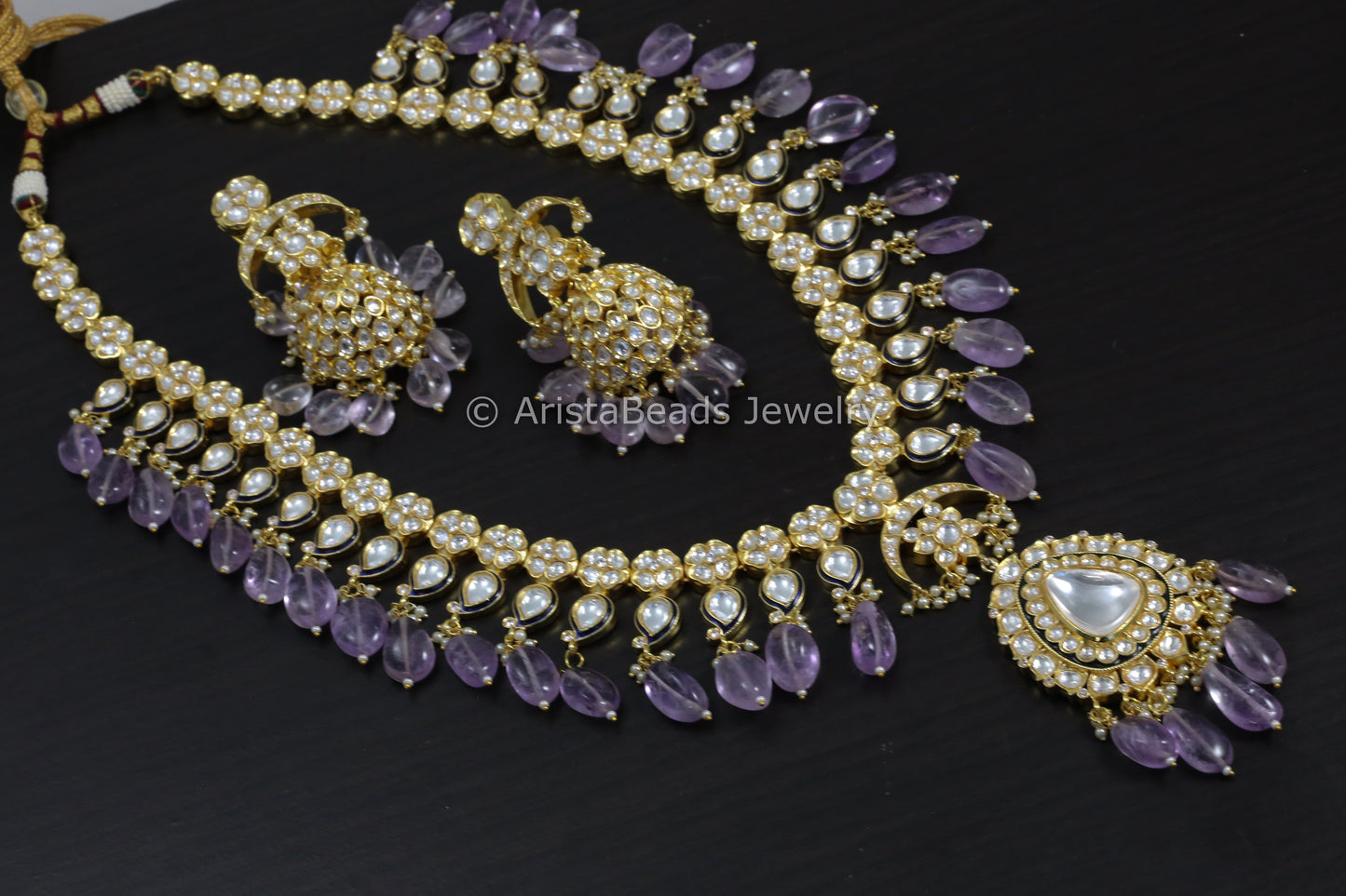 Long Uncut Kundan Necklace Jhumka Set - Amethyst Drops