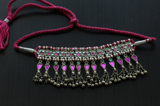 Darpan Oxidized Real Glass Necklace- Pink Green Clear