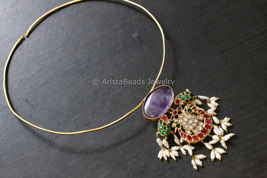 Amethyst Cab & Jadau Hasli Necklace (Adjustable)