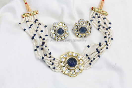 Blue Carved Stone CZ & Kundan Polki Choker Set
