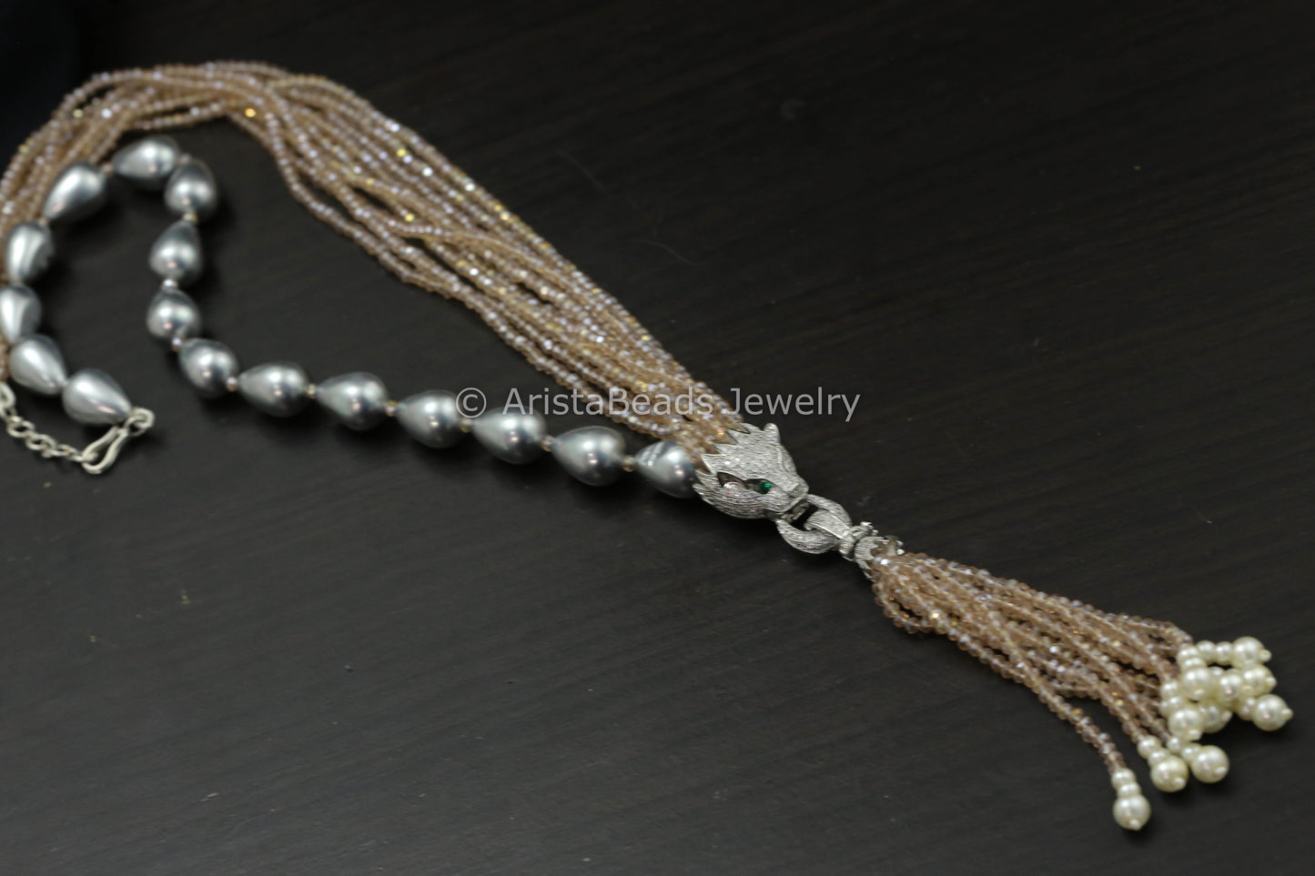 Micro Pave Tassel Pendant In Pearls & Crystal Beads- Neutral Beige