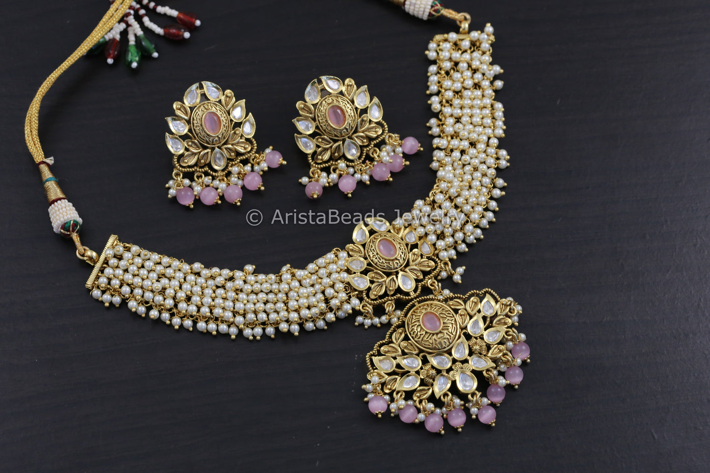 Kundan & Pearl Guttapusalu Necklace Set - Pink