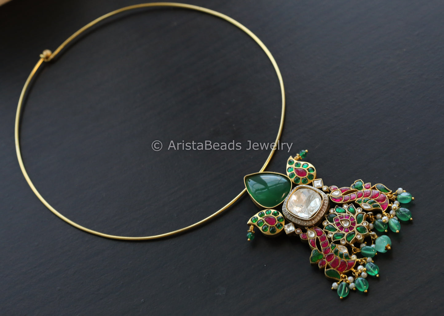 Silver Replica Green Onyx Jadau Hasli Necklace