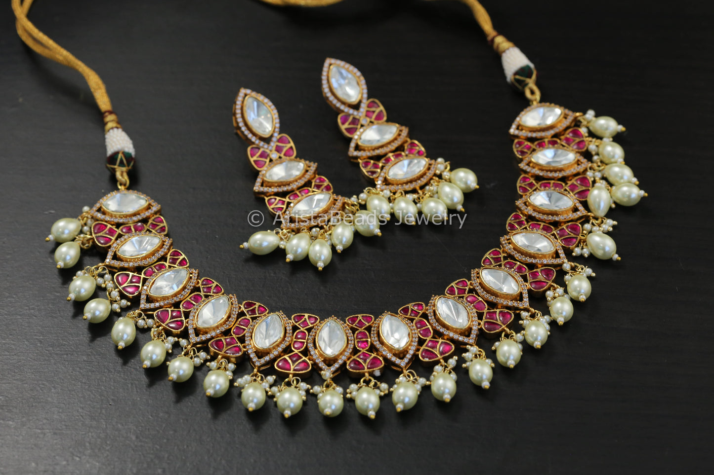 Premium Jadau Ruby & Moissanite Polki Necklace Set