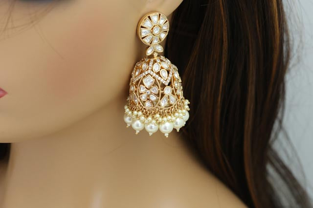 Clear Moissanite Look Polki Jhumka - Pearls