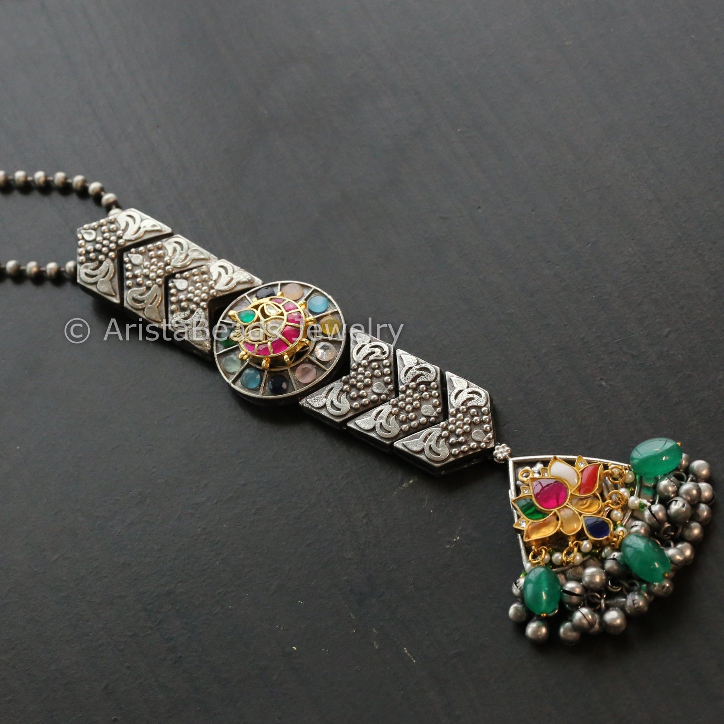 Long Oxidized Pendant Necklace With Kundan Motifs