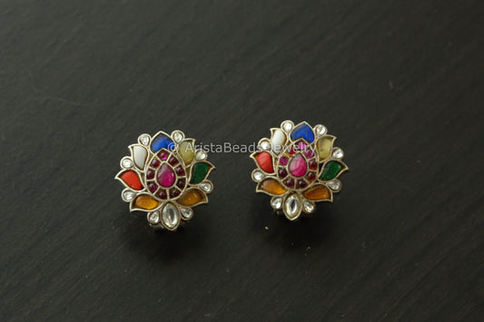 Silver Finish Navratan Jadau Studs