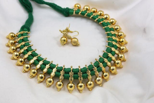 Gold Finish Thread Necklace - Green