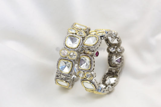 Big Kundan Polki & CZ Bangle Set (Openable)