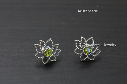 Dainty Sterling Silver Peridot Lotus Earrings