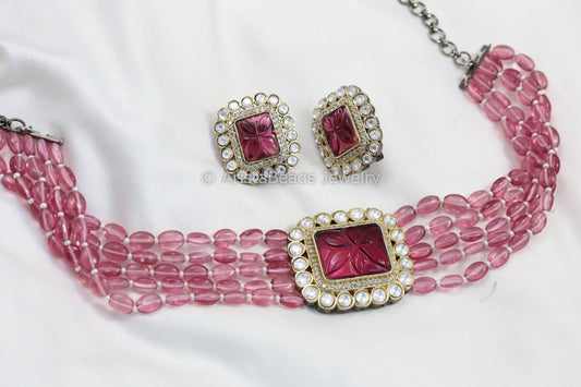 Carved Stone CZ & Kundan Polki Choker Set