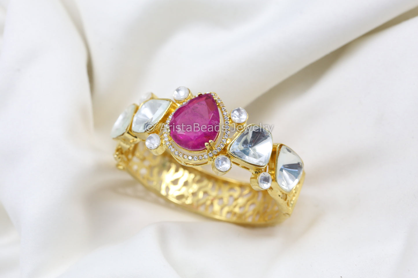 Gold Uncut Polki & Doublet Bracelet (Openable) - Pink