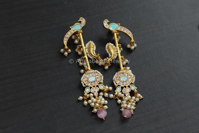 Long Fine Jadau Kundan Work Earrings - Pastel Color