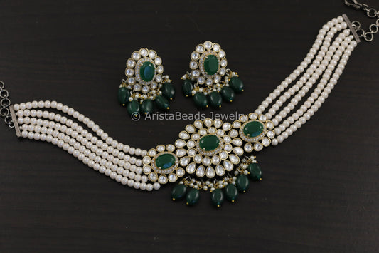 Uncut Kundan Victorian Finish Green Choker Set