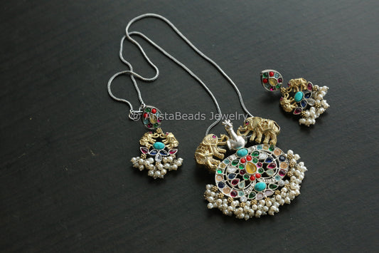 Dual Tone Navratan Necklace Set