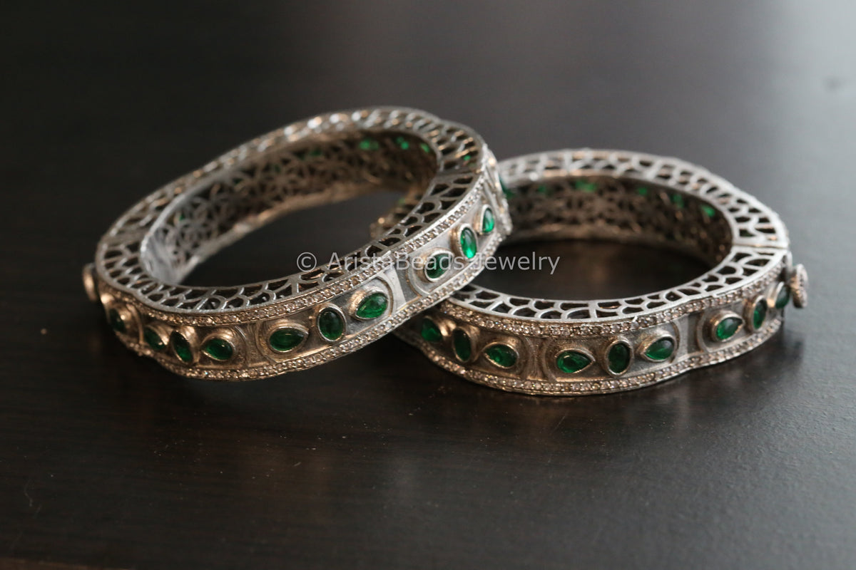 Silver Look Kemp Oxidized Bangle (Openable) - Green