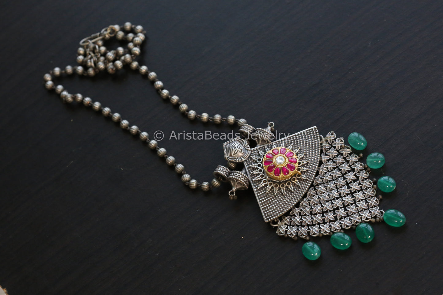 Silver Look Jadau Necklace - Green Drops
