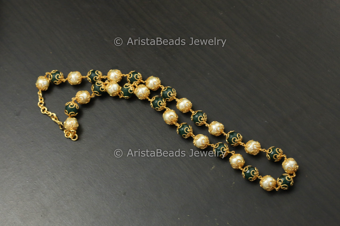 Single Strand Pearls & Green Agate Beaded Mala