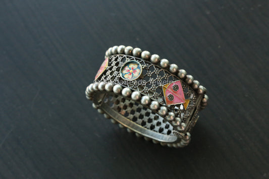 Enamel Oxidized Silver Look Bangle - Pink