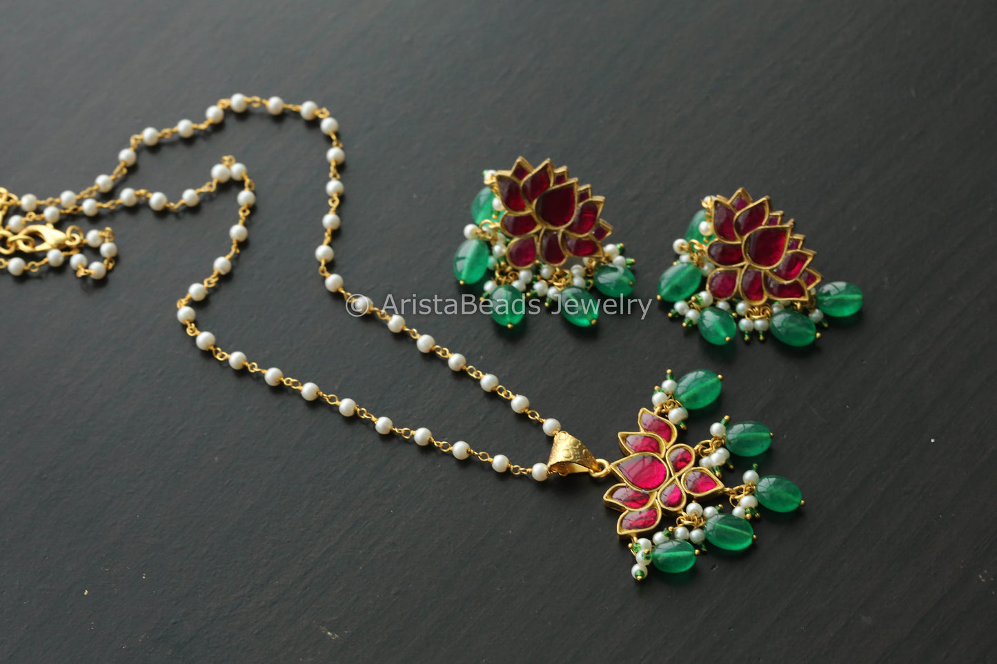 Silver Look Jadau Kundan Lotus Earrings - Ruby