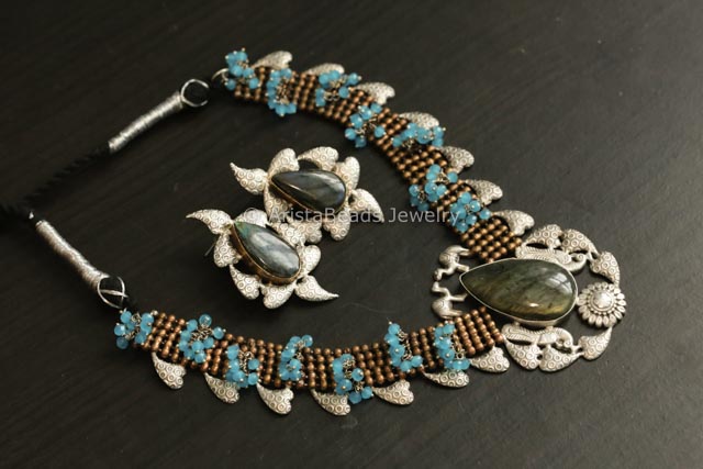 Real Labradorite Stone Silver Replica Set - Blue