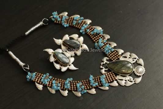 Real Labradorite Stone Silver Replica Set - Blue
