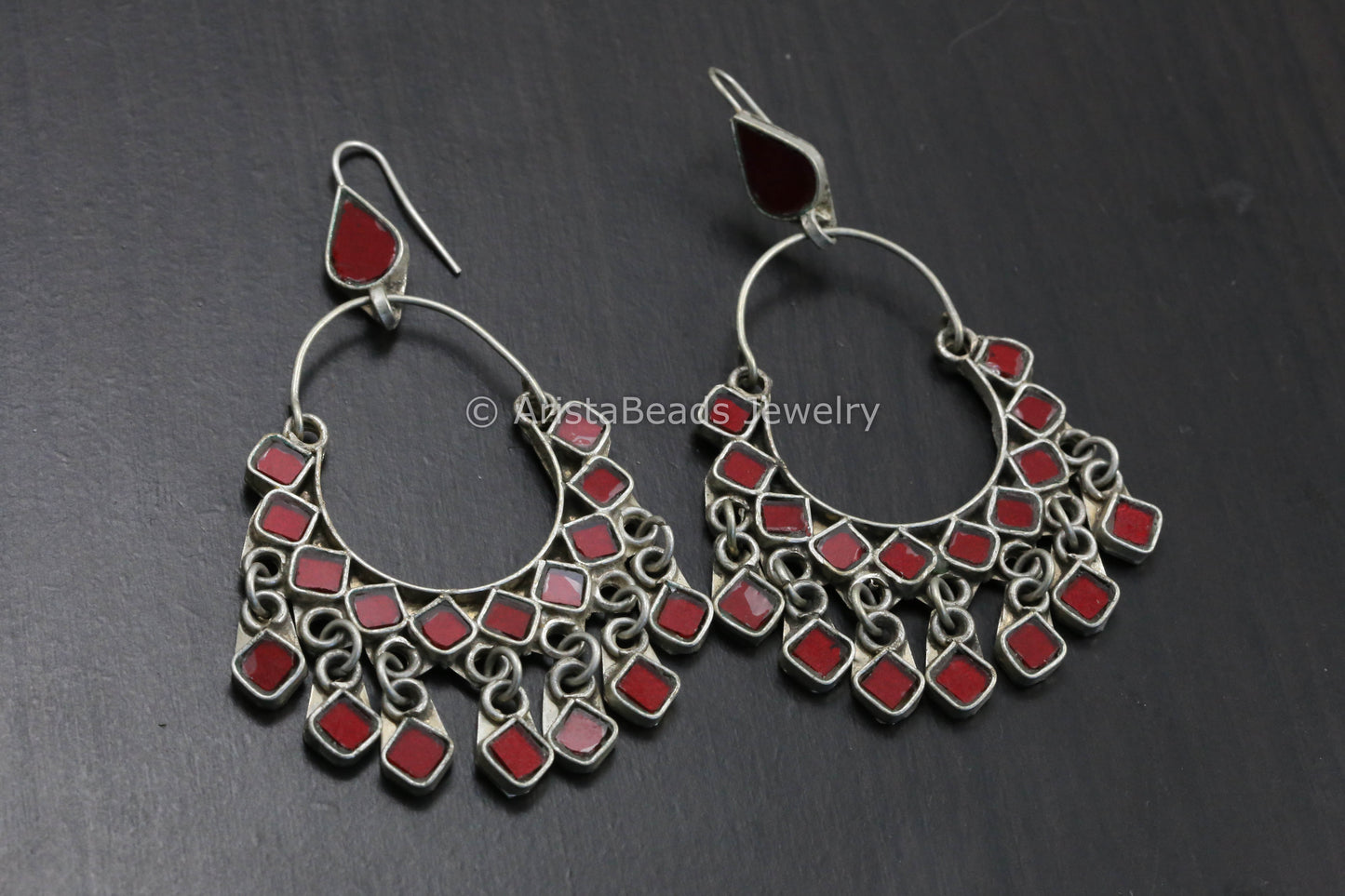 Real Glass Silver Look Alike Chandbaali - Red