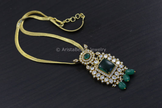 CZ Polki Green Pota Stone Pendant Chain