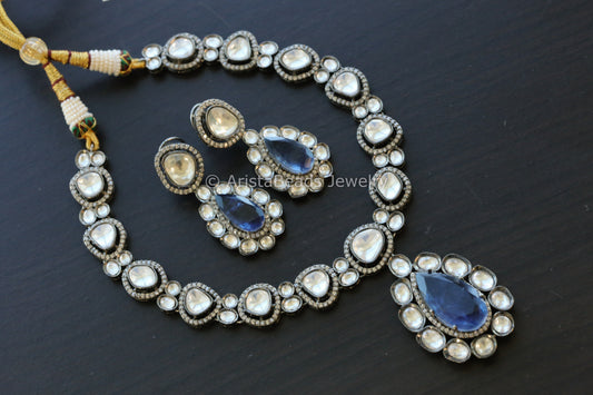 Blue Doublet & Uncut Polki Necklace  - Victorian