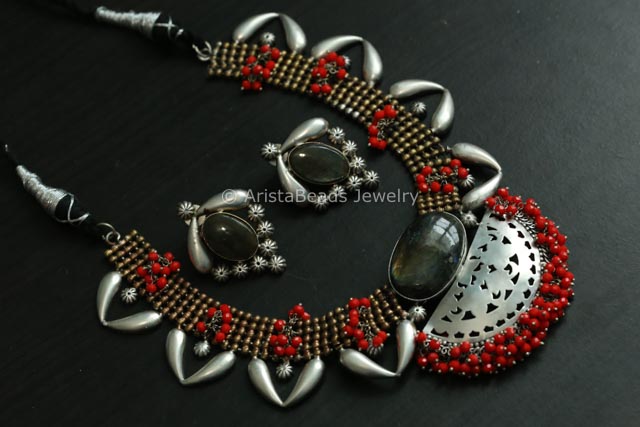 Real Labradorite Stone Silver Replica Set - Red